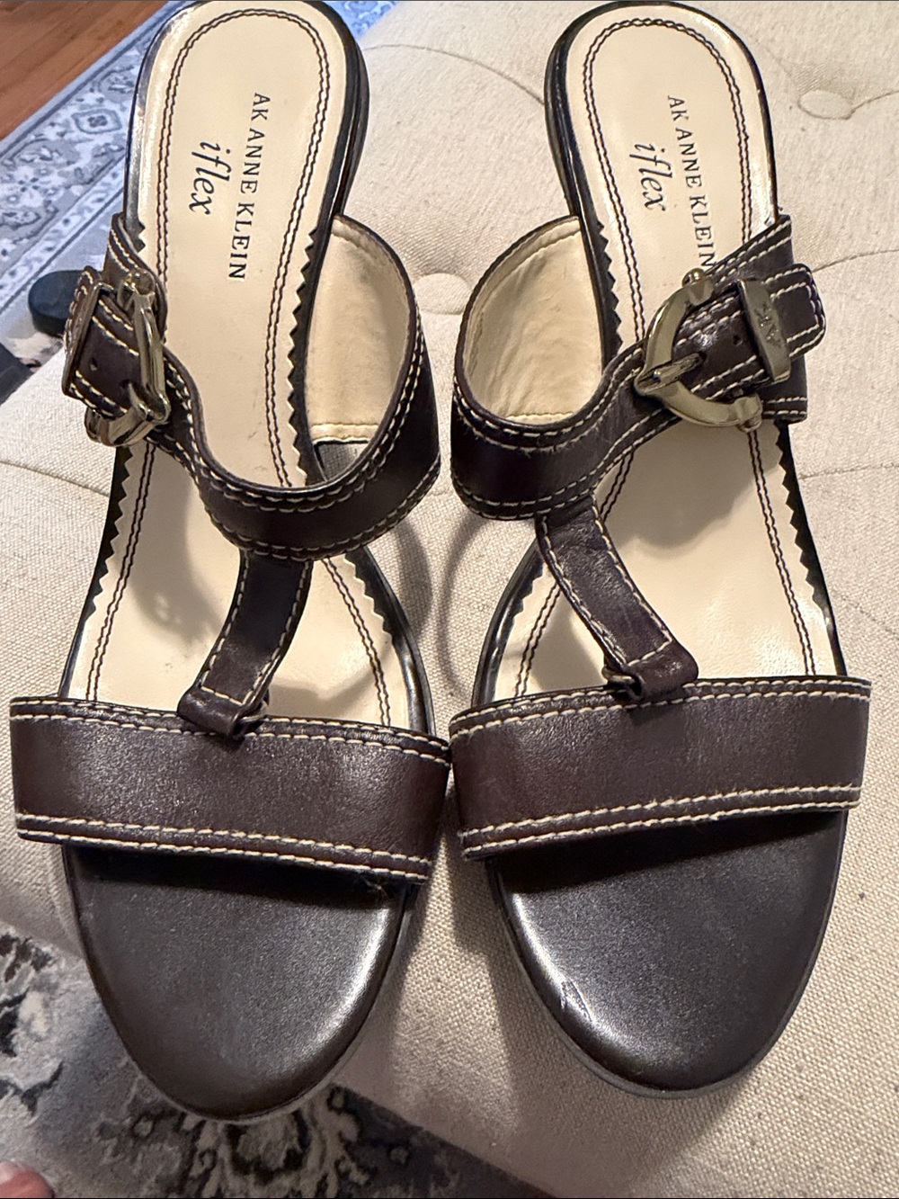 Anne Klein Dark Brown Leather T-Strap Mule Sandals with Gold Buckles- worn once!